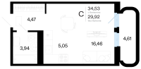 Студия, 34.5 м²
