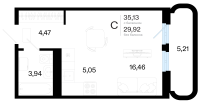 Студия, 35.1 м²