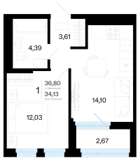 1-комн. квартира, 36.8 м²