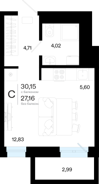 Студия, 30.1 м²