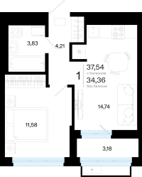 1-комн. квартира, 37.5 м²