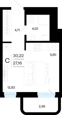 Студия, 30.2 м²