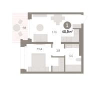 1-комн. квартира, 40.9 м²