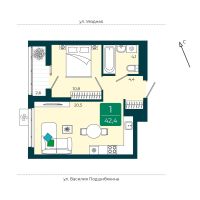 1-комн. квартира, 42.4 м²