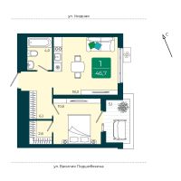 1-комн. квартира, 46.7 м²
