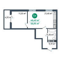 1-комн. квартира, 46.4 м²