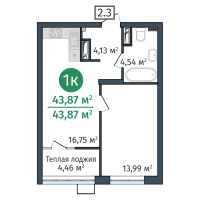 1-комн. квартира, 43.9 м²