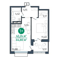 1-комн. квартира, 42.2 м²
