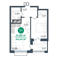 1-комн. квартира, 41.9 м²