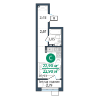 Студия, 22.8 м²