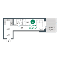 Студия, 32.2 м²