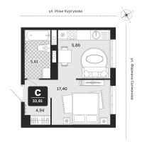 1-комн. квартира, 33.8 м²