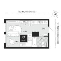 1-комн. квартира, 32.5 м²