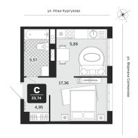 1-комн. квартира, 33.7 м²