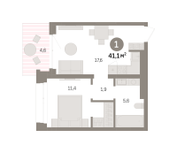 1-комн. квартира, 41.1 м²