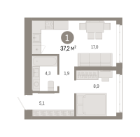 1-комн. квартира, 37.2 м²