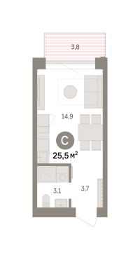 Студия, 25.5 м²
