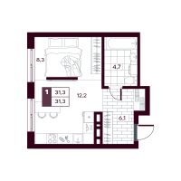 Студия, 31.3 м²