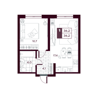 1-комн. квартира, 36.1 м²