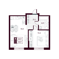 1-комн. квартира, 34.9 м²