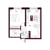1-комн. квартира, 36.5 м²