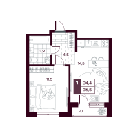 1-комн. квартира, 36.5 м²