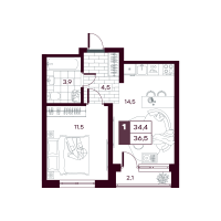 1-комн. квартира, 36.1 м²
