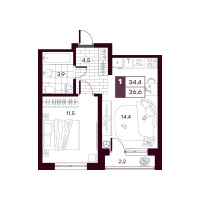 1-комн. квартира, 36.1 м²