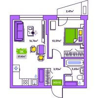 1-комн. квартира, 37.4 м²