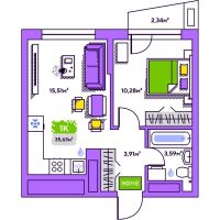1-комн. квартира, 35.6 м²