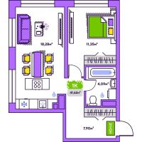 1-комн. квартира, 41.6 м²