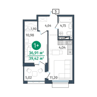 1-комн. квартира, 36.9 м²