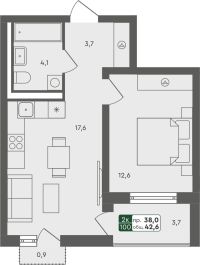 1-комн. квартира, 42.6 м²