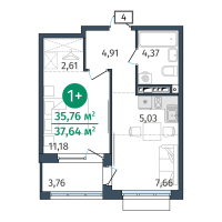 1-комн. квартира, 35.8 м²