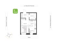 1-комн. квартира, 33.8 м²