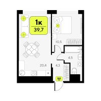 1-комн. квартира, 39.7 м²