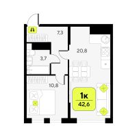 1-комн. квартира, 42.6 м²