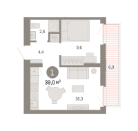 1-комн. квартира, 39 м²