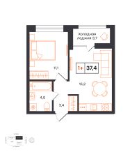 1-комн. квартира, 37.4 м²
