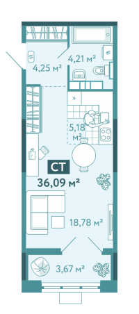 Студия, 36.1 м²