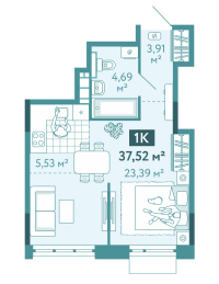1-комн. квартира, 37.5 м²