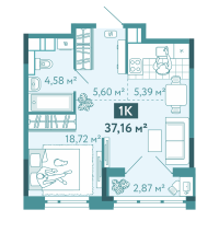 1-комн. квартира, 37.2 м²