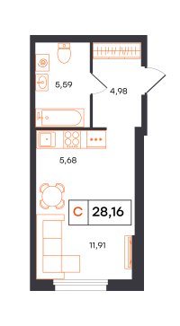 Студия, 28.2 м²