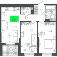 2-комн. квартира, 67.1 м²