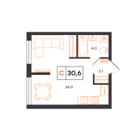 Студия, 30.6 м²