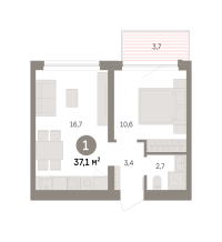 1-комн. квартира, 37.1 м²