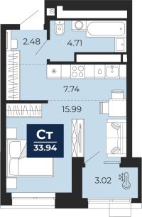 1-комн. квартира, 32.4 м²