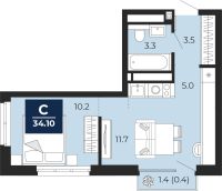1-комн. квартира, 34.1 м²