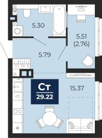 1-комн. квартира, 26.5 м²
