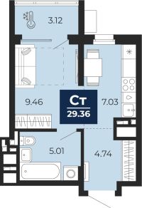 1-комн. квартира, 27.8 м²